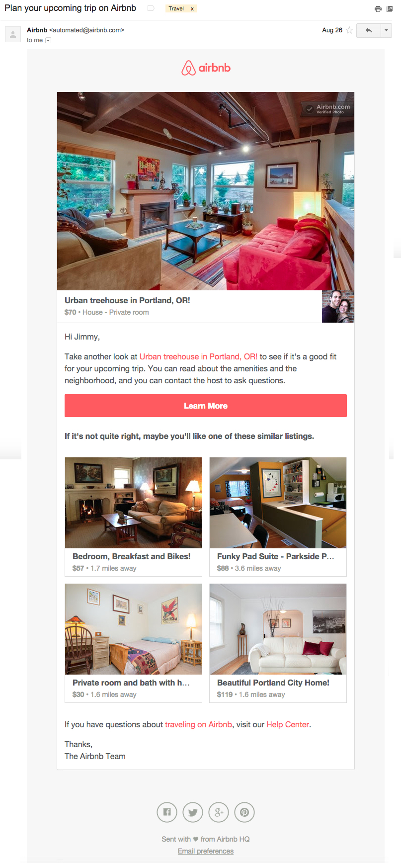 Email marketing from AirBnB