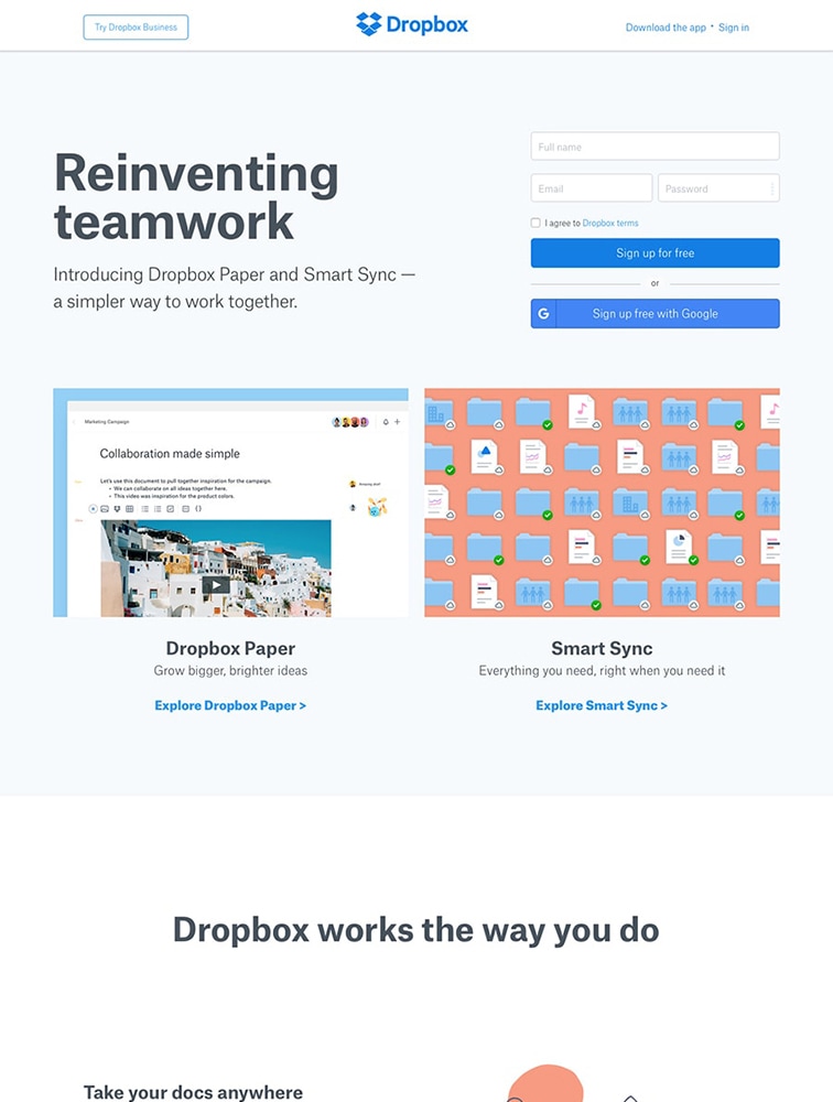 Dropbox's landing page