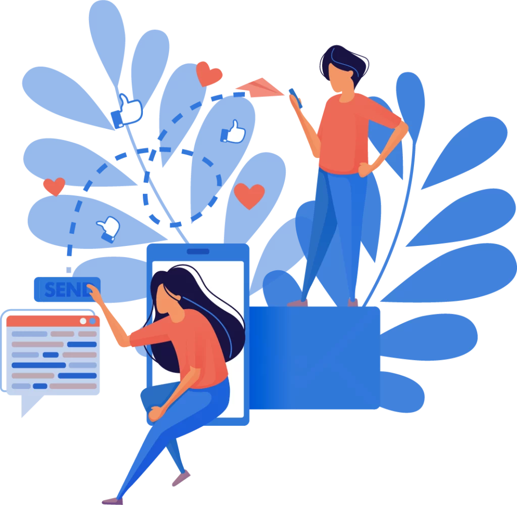 Two women using social media on mobile phones.