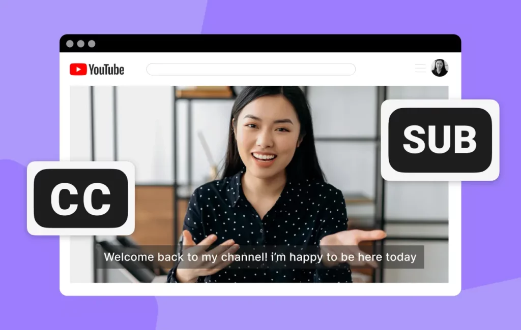 An illustration of a YouTube video featuring a smiling woman speaking, with closed captions displayed at the bottom. The image highlights accessibility features like subtitles (SUB) and closed captions (CC) for video content.