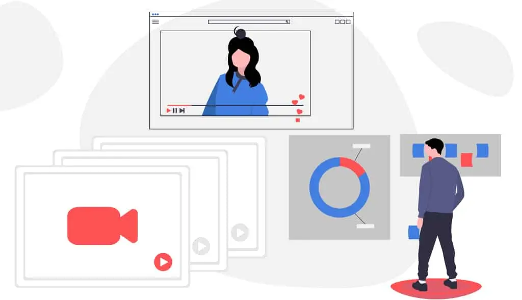 An illustration depicting video content creation and analytics, featuring a person analyzing data, a video player interface, and graphical charts. The image represents digital marketing, video engagement, and content strategy.