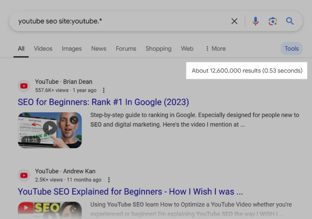 A Google search results page for "YouTube SEO site:youtube.*" displaying video results from YouTube, including a tutorial on SEO for beginners. The image highlights search engine indexing and ranking for YouTube videos.